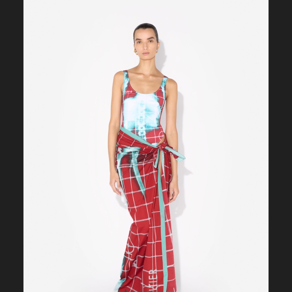 Jean Paul Red and Blue Patterned Sarong and one piece Swimsuit worn for 2 hours